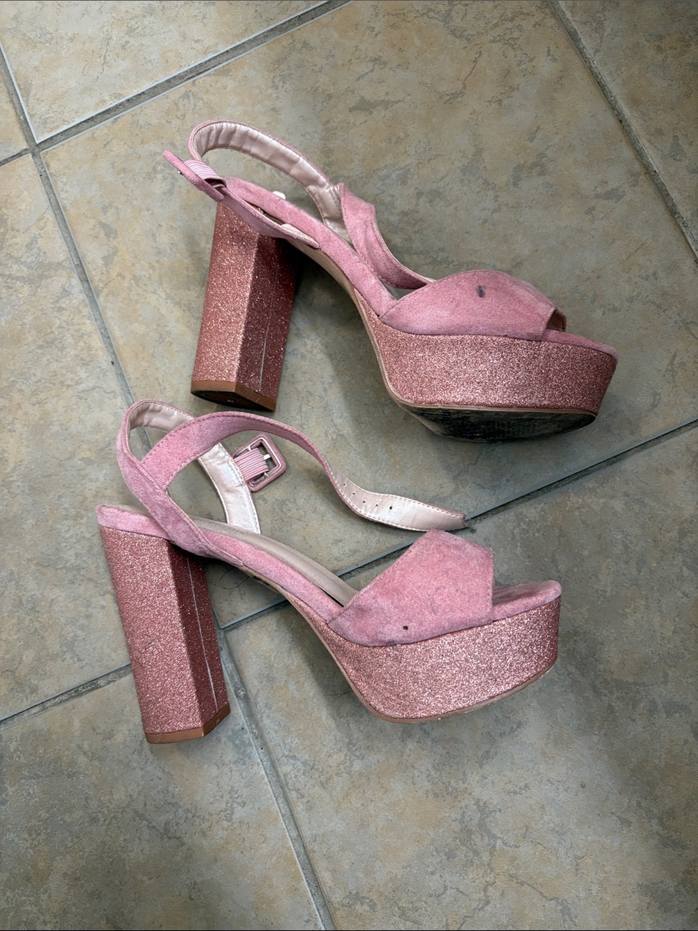 Hush Puppies Pink Glitter Platform Block Heel Slingback Sandals